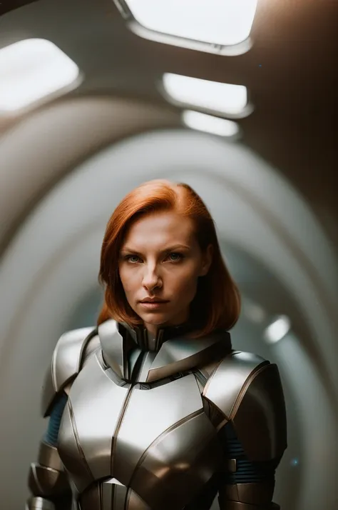 analog style raw photo of woman in armor from Mass Effect (inside scifi spaceship:1.2), small details, (painted metal:1.5), gunmetal, (surface imperfections:1.5), skin detail, lip detail, (soft light:1.6), (neutral light:1), white light, (interior light:1.5), sharp focus, brown hair, (blue eyes:1),