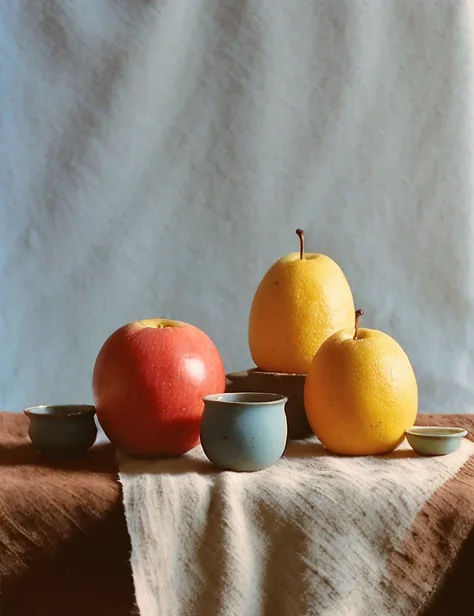 analog style ((artistic)) professional ((still life)) photo of various fruits, linen cloth, rough wood, paint, ceramic, plants, blue, harmonic colors, sharp focus, long shadows, small details, 500px,