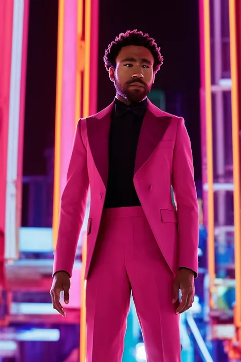 modelshoot style Donald Glover wearing a high fashion outfit at the neon warehouse