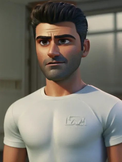 pixarstyle a waist-length portrait of a oscar isaac in a white t-shirt, smile, natural skin texture, 4k textures, hdr, intricate, highly detailed, sharp focus, cinematic look, hyperdetailed