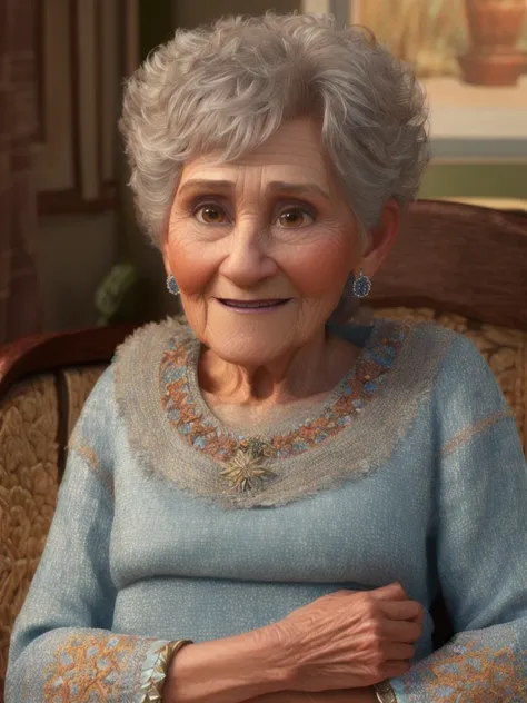 (pixarstyle) a waist-length portrait of a grandmother, natural skin texture, 4k textures, hdr, intricate, highly detailed, sharp focus, cinematic look, hyperdetailed