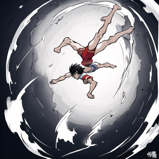 Yusuke Murata, flying kick, midair, kicking, abstract, 1boy, gymnastics, flipping