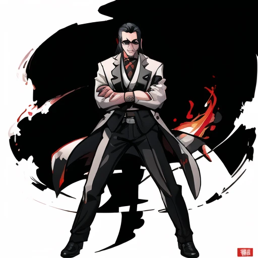 yakuza on fire, (masterpiece), best quality, best lighting, overexposed, wearing tuxedo