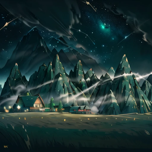 (extremely detailed CG unity 8k wallpaper), (masterpiece), (best quality), (ultra-detailed), (best illustration), (best shadow), (an extremely delicate and beautiful), a field of grass, cozy house in the middle, ((((green grass)))), ((mountain in background)), ((stars)), (((((at night)))))