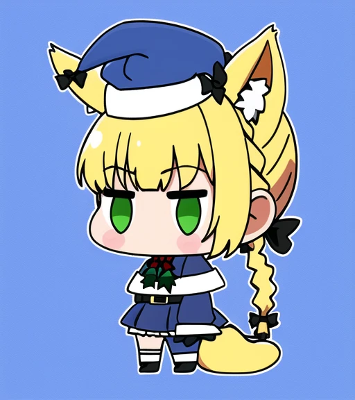 full body, (PadoruMeme 1girl), ((braided pony tail)), (school uniform), blue dress, animal ears, cat ears, collar, necktie, tie, ((blue and green)), bare shoulders, blush, animal ears fluff