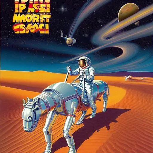 A photo of an astronaut riding a horse on mars, Vintage style, Pulp Cover, very detailed, clean, high quality, sharp image, ,Dave Dorman