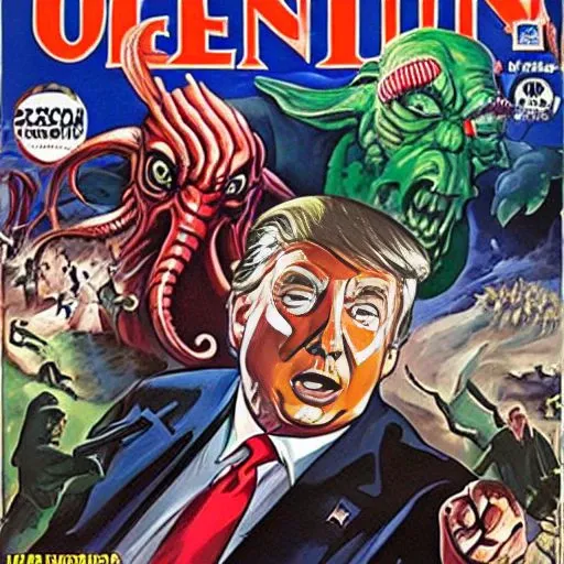 A photo of Donald Trump as US president fighting against Cthulhu, Pulp cover, very detailed, clean, high quality, sharp image, based on H.P Lovecraft stories