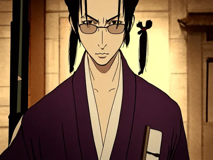 masterpiece, best quality, 1990s \(style\), 1980s \(style\), Samurai Champloo,jin(Samurai Champloo),8k,1man,solo, highly detailed,japanese clothes, japanese_building,holding katana,face_detailed