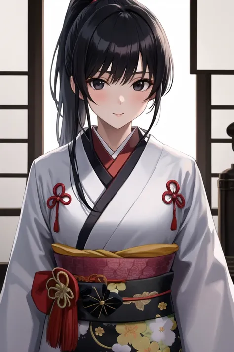 1girl, bangs, black eyes, black hair, japanese clothes, kimono, long hair, looking at viewer, ponytail, solo, upper body, white background, white kimono,(masterpiece:1.4),(best quality:1.4)