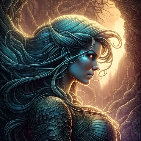 in profile (the beautiful nordic amazon woman one head with hair fluttering in the wind:1.1) portrait, dark forest, waterfall, sunset, symmetrical artistic sharp art, dan mumford style, hdr, realism, dark fantasy atmosphere, lovecraft style, (JimJorCrafLogo art style:1.3), (close up view),