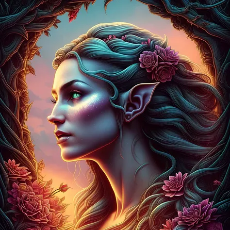 in profile (the beautiful majestic sexy elf woman one head with flowers in hair:1.1) portrait, dark forest, full of flowers, sunset, symmetrical artistic sharp art, dan mumford style, hdr, realism, dark fantasy atmosphere, lovecraft style, (JimJorCrafLogo art style:1.3), (close up view),