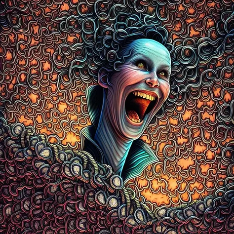 the (laughing girl:1.1) (novakdjokovic:1.1) portrait, symmetrical artistic sharp art, dan mumford style, hdr, realism, dark atmosphere, lovecraft style, (JimJorCrafLogo art style:1.3)