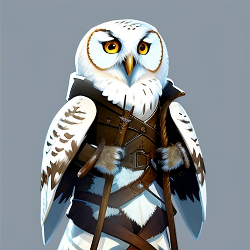 Medium Close-up of a elegant, Snowy Owl Owlfolk person, Barbarian, fantasy, Frostpunk,  Volumetric lighting:0.8, concept art, brush stroke style, artstation, trending, highly detailed