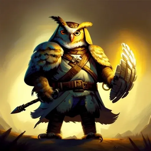Medium shot of a Olmec, Great Horned Owl Owlfolk person, fantasy, Frostpunk, Volumetric lighting:0.8, concept art, brush stroke style, artstation, trending, highly detailed