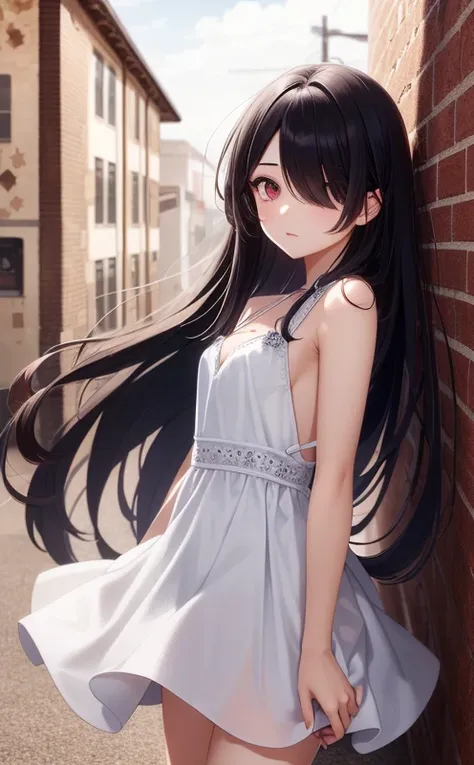 best quality, intricate details, chromatic aberration, 

1girl, long hair, black hair, messy hair, red highlights, hair over one eye, red eyes, sharp eyes, 

(see-through silhouette:1.2), see-through, white dress, sundress, cowboy shot, wind lift,

against wall, brick wall, graffiti, dim lighting, alley