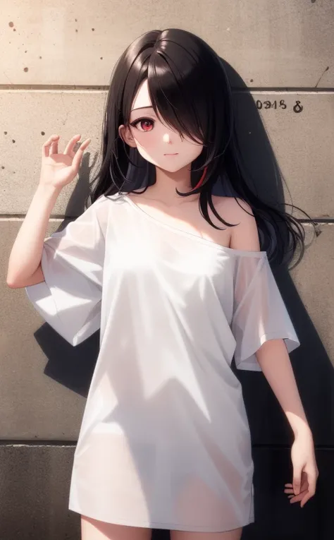 best quality, intricate details, chromatic aberration,
1girl, long hair, black hair, messy hair, red highlights, hair over one eye, red eyes, sharp eyes,
(see-through silhouette:1.2), see-through, oversized white shirt, cowboy shot, wind lift,
(oversized shirt:1.2),off shoulder,<lora:oversizedShirt_v10:1>
against wall, brick wall, graffiti, dim lighting, alley