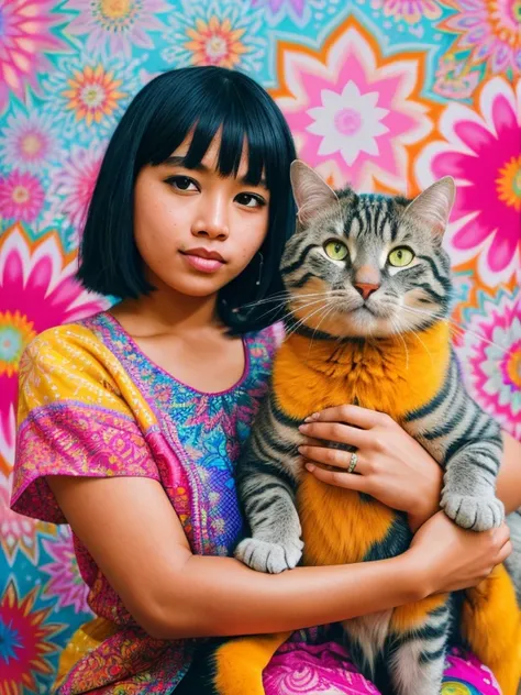 RAW Photo, A psychedelic dream vision of a tiny (mixed (Indonesian) and (Portuguese)) woman with short bangs haircut wearing colorful floral clothes holding a grey tabby cat,  (psychedelic patterns), fantasy, (high detailed skin:1.2), intricate details, depth of field, 8k uhd, dslr, soft lighting, high quality, film grain, Fujifilm XT3