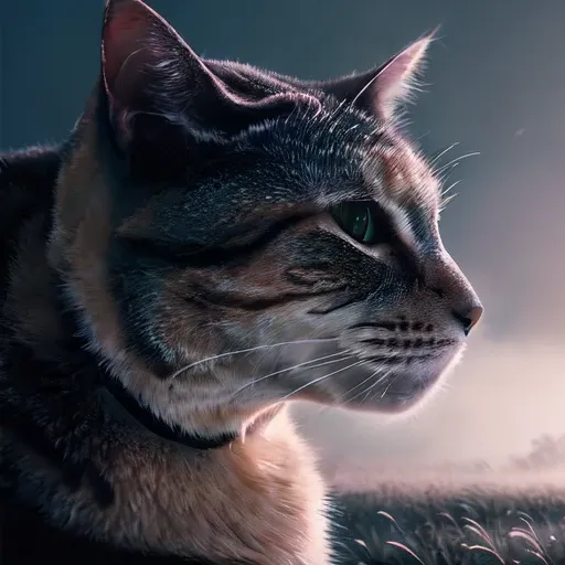 closeup portrait of nkoctst cat in a misty field, dream landscape, simulation, physical particles, translucence, cinematic lighting, iridescence, digital painting, ((by ash thorp))