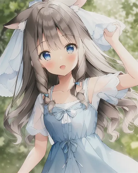 (WeriArt style), (dark brown hair), 1girl, animal ears, light blue eyes, curly hair, white shirt, upper body, ((blue and white dress)), collarbone, frilled clothing, smile, blush, ribbons, blue bow, hires, black hair, animal ear fluff