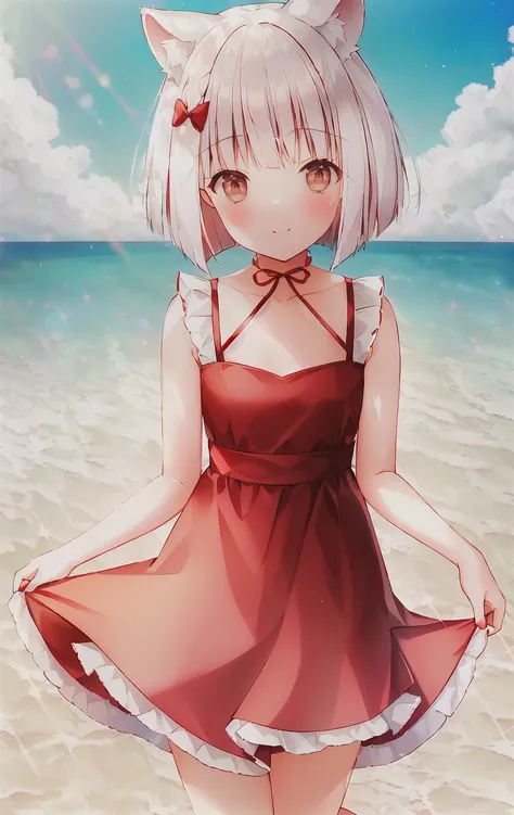 WeriArt style (white hair) 1girl close-up , animal ears, red bow, red eyes, animal ear fluff, ((short hair, bob cut)), blush, smile, sun rays, 8k realistic lighting, hires, best quality, bow, bright eyes