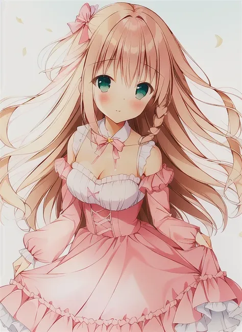 (WeriArt Style), pink hair, clothes, upper body, blush, slight smile, bow, flower