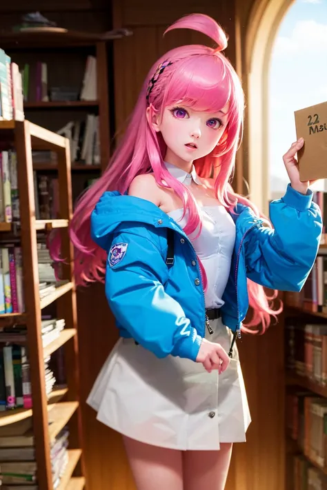 masterpiece, best quality, soft lighting, absurdres, looking at viewer, from front, 1girl, pink hair, ahoge, straight hair, pink eyes, small breasts, blue jacket, open jacket, bare shoulders, surprised, white strapless shirt, library, sunny, (portrait: 1.2), <lora:dodoPerfectworld_v10:1>