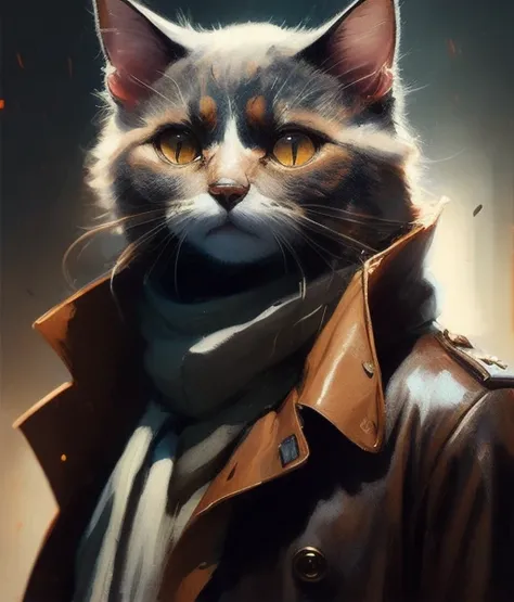 wide angle of cat character wearing a trenchcoat, a detailed painting, cgsociety, detailed painting, artstation hd, high detail, cgsociety, photorealism, concept art, artstation hd, official art