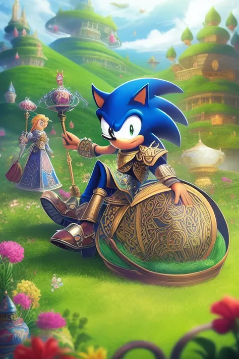 Sonic the hedgehog, fantasy armour, embroidery, bag, holding staff, floating islands, caustics, depth of field, masterpiece, grass, resting