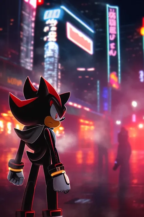 android shadow the hedgehog, masterpiece, caustics, depth of field, neon lights, eyes, steam, city, night