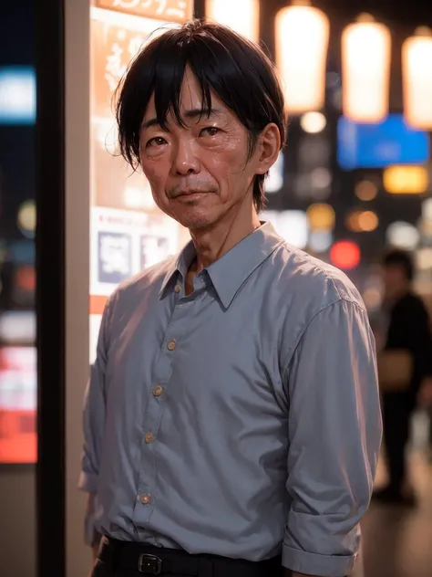 RAW photo, a portrait photo of 50 y.o japanese man in clothes, night tokyo, (high detailed skin:1.2), 8k uhd, dslr, soft lighting, high quality, film grain, Fujifilm XT3