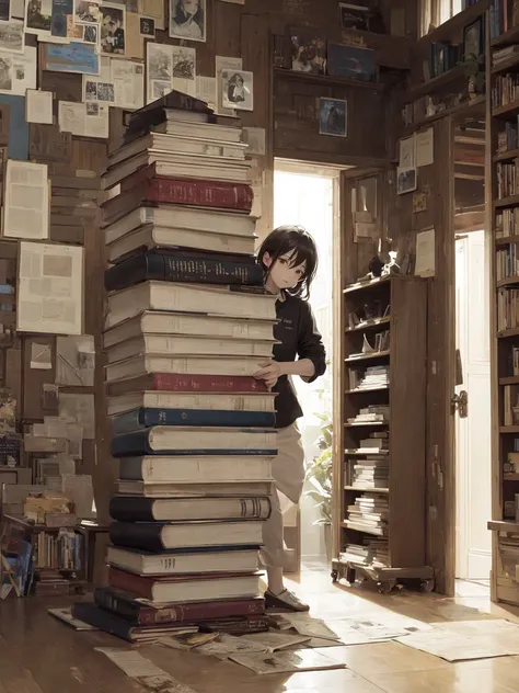 masterpiece, best quality, trying to carry way too many books at once