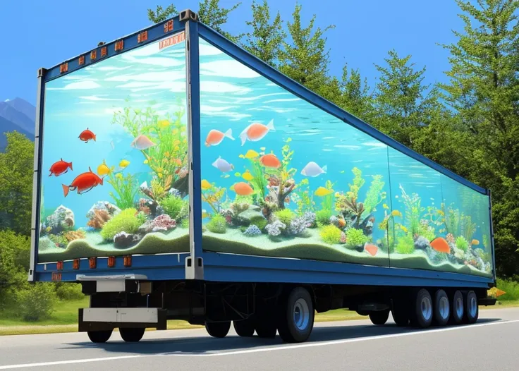 (lorry truck) loaded with huge aquarium (filled with water) and swimming girls, fishtank on wheels, see-through shipping container made with glass, (diver girl inside) fishtank, highway, mountains