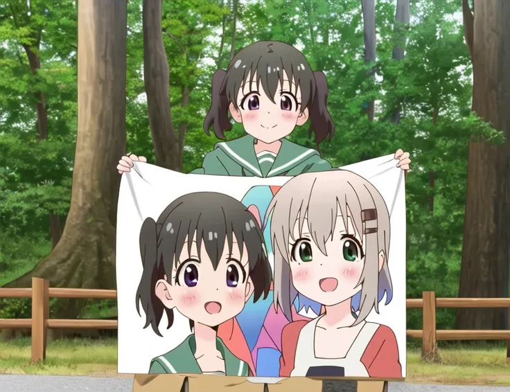 2people, YukimuraAoi KuraueHinata, anishot, 2girls facing viewer ((holding together a huge poster))