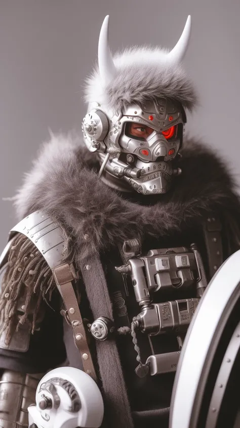 man in samurai armor with fur around the neck and waist, wearing devil helmet, dusty detail ornaments, battle weary,, cyborg man | with a visible detailed brain | muscles cable wires | biopunk | cybernetic | cyberpunk | white marble bust | canon m50 | 100mm | sharp focus | smooth | hyperrealism | highly detailed | intricate details | carved by michelangelo