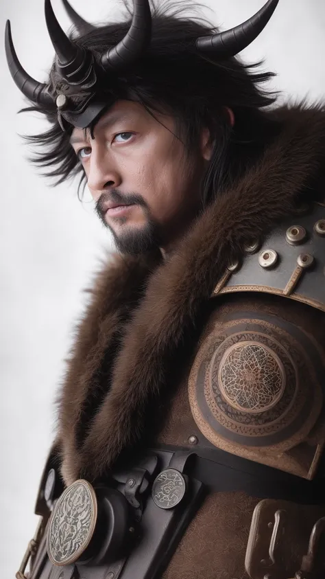 man in samurai armor with fur around the neck and waist, wearing devil helmet, dusty detail ornaments, battle weary, man warrior, armor, epic, face scar, dnd character portrait, intricate, 8k resolution, dynamic lighting, hyperdetailed, unreal 5, volumetric lighting, alphonse mucha, pre-raphaelite, detailed background, mandala, detailed face, detailed eyes, neon eyes <lora:QQATROKQQ:1>