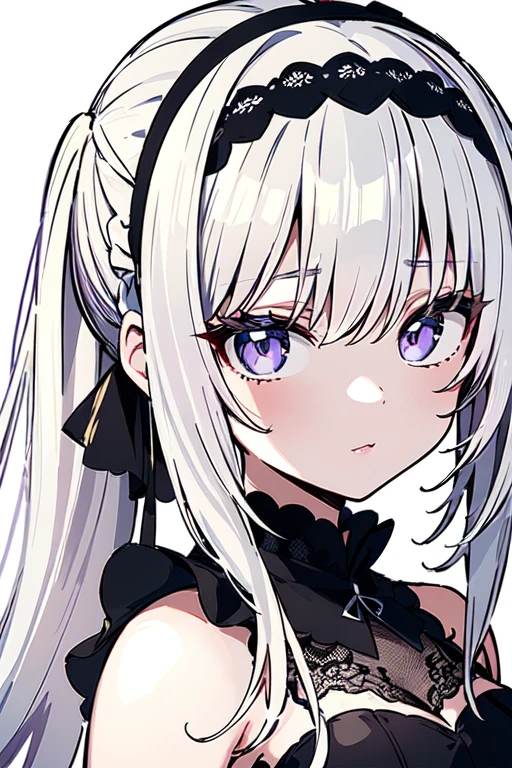 best quality,finely detailed beautiful eyes and detailed face,high quality, masterpiece, 1girl, solo,from front, looking at viewer, simple background, white background,cowboy shot , ( blond|silver hair), absurdly long hair, gradient_hair, wavy_hair, two_side_up, ponytail,purple lace trimmed dress,lace-trimmed_hairband,