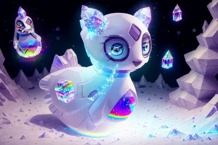 masterpiece, best quality, realistic, (wide-angle), fur, wide hips, thick thighs, female, 1, (solo), (froslass), (pokemon), long dress, cute, crystal (rainbow:1.3) dress, night, shining in the moon light, clear image, cosmic stars, nebula in the sky, bioluminescent details, <lora:froslass_000008:1> <lora:glassHairWIPRead_v1:0.7>
