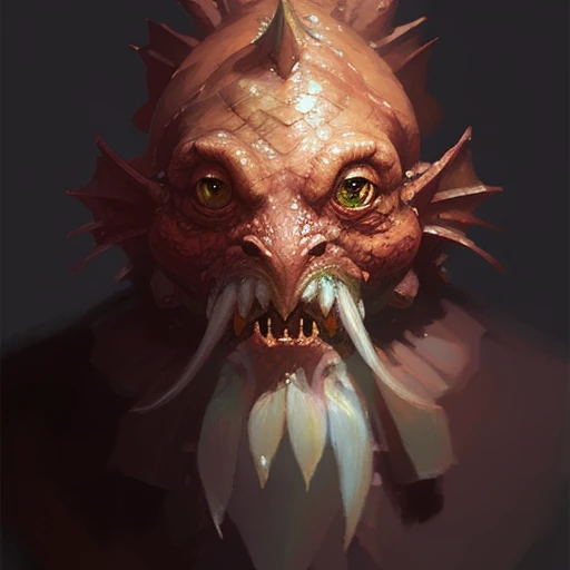 Medium Close-up Portrait of a Mesopotamia Locathah_Person Artificer Volumetric lighting, concept art, brush stroke style, artstation, trending, highly detailed, art by greg rutkowski.