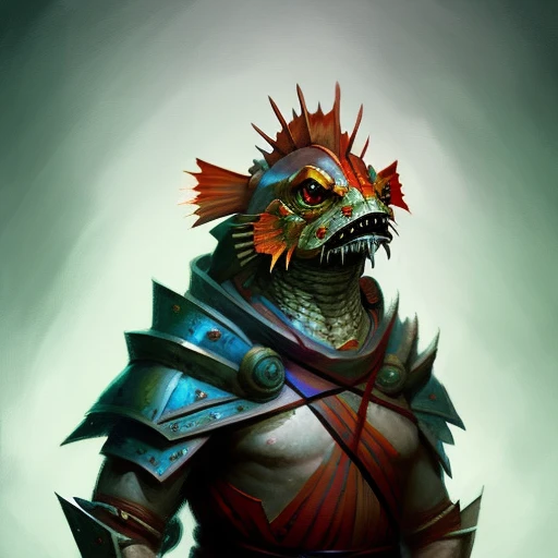 centered Portrait of a standing Aztec Locathah_Person Fighter Volumetric lighting, concept art, brush stroke style, artstation, trending, highly detailed, art by greg rutkowski.