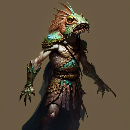 Environmental portrait of a Mycenaean Locathah_Person Sorcerer scales:20, Volumetric lighting, concept art, brush stroke style, artstation, trending, highly detailed, art by greg rutkowski.