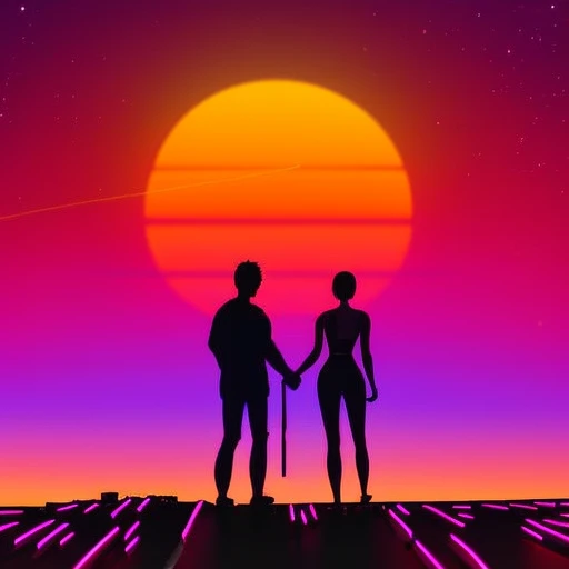 (neonskiesai)++, two people looking at the sun, from the back