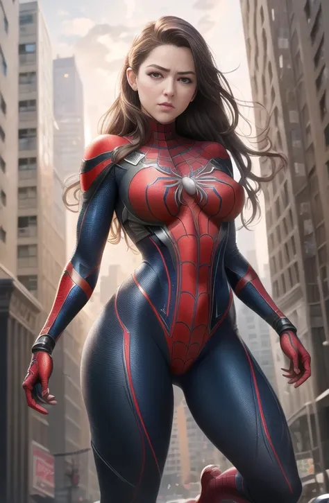 proportional eyes, (realistic:1.5),photorealistic, hyper realistic, (extremely detailed eyes), hyper detailed, soft lighting, (detailed background), extreme detail background, sharp details, ((full body)), female spider-man ripped open front of costume to reveal breasts, flushed face, hanging from side of building