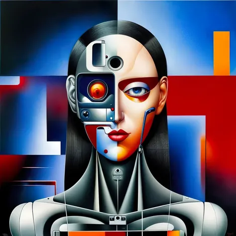 realistic detailed image of futuristic cyborg-robot creating a painting with acrylic paint and brushes , still from a movie by Terrence Malick, Tarkovsky, Gaspar Noe, James Cameron. by Ayami Kojima, Amano, Karol Bak, Greg Hildebrandt, and Mark Brooks, Neo-Gothic, gothic, rich deep colors. Beksinski painting, part by Adrian Ghenie and Gerhard Richter. art by Takato Yamamoto. masterpiece