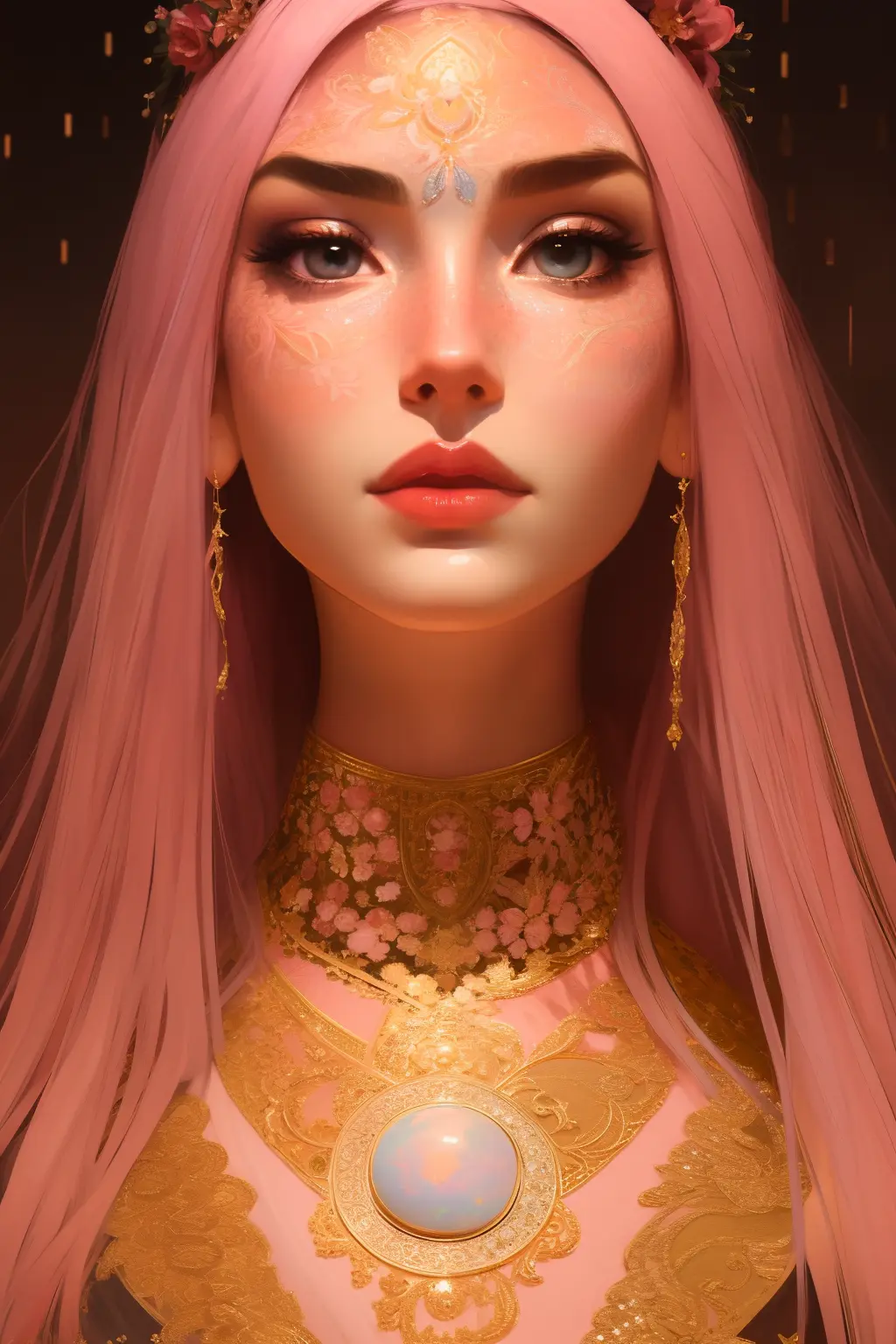 samdoesarts style (symmetry:1.1) (portrait of floral:1.05) beautiful goddess, (assassins creed style:0.8), pink and gold and opal color scheme, beautiful intricate filegrid facepaint, intricate, elegant, highly detailed, digital painting, artstation, concept art, smooth, sharp focus, illustration, art by greg rutkowski and alphonse mucha, 8k