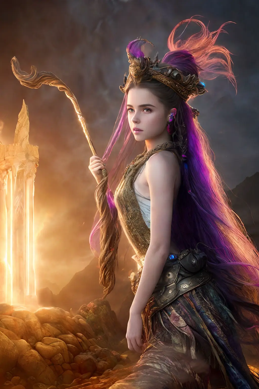 (highly detailed:1.2),(best quality:1.2),8k,(subsurface scattering:1.1), (epic wide shot:1.2),(full body:1.2), (award-winning photograph:1.2)
(rocky sandy road leading to an ancient fantasy castle:1.2), (beautiful sorcerer casting a giant spell:1.2),beautiful detailed glow,(swirling multicolored magic:1.2), (beautiful detailed eyes),smile, kiernan shipka mackenzie foy, (detailed lips:1.4), (realistic:1.2), 1girl, very long messy ponytail, translucent hair
(highly detailed background:1.3), (fantasy:1.2), dramatic lighting