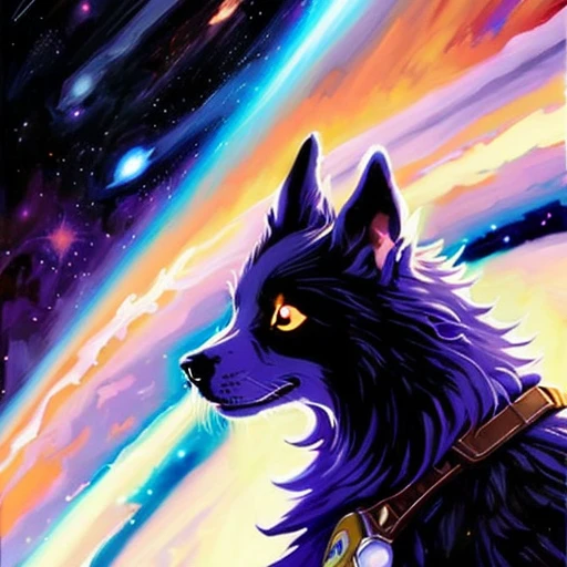 space dog, moody, salt and pepper punk hair, profile picture, cosmic background, steampunk fantasy painting by greg manchess and makoto shinkai, trending on artstation, [:vibrant digital painting:0.4]