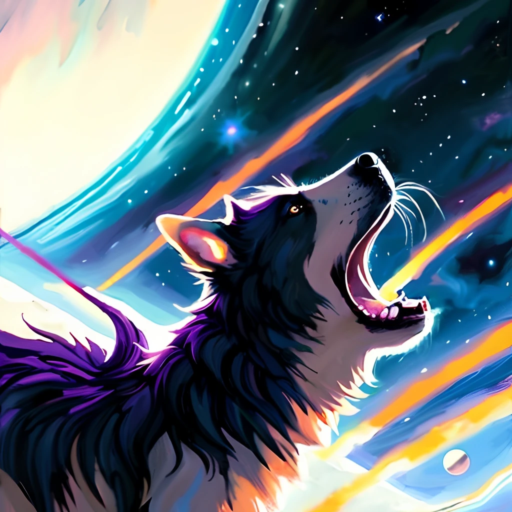 space dog, moody, salt and pepper punk hair, profile picture, cosmic background, steampunk fantasy painting by greg manchess and makoto shinkai, trending on artstation, [:vibrant digital painting:0.4]