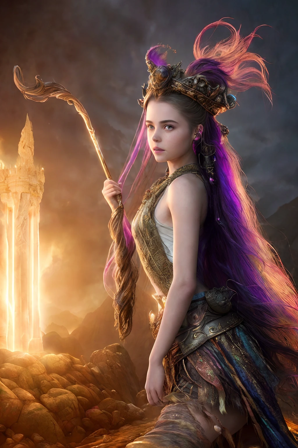 (highly detailed:1.2),(best quality:1.2),8k,(subsurface scattering:1.1), (epic wide shot:1.2),(full body:1.2), (award-winning photograph:1.2)
(rocky sandy road leading to an ancient fantasy castle:1.2), (beautiful sorcerer casting a giant spell:1.2),beautiful detailed glow,(swirling multicolored magic:1.2), (beautiful detailed eyes),smile, kiernan shipka mackenzie foy, (detailed lips:1.4), (realistic:1.2), 1girl, very long messy ponytail, translucent hair
(highly detailed background:1.3), (fantasy:1.2), dramatic lighting