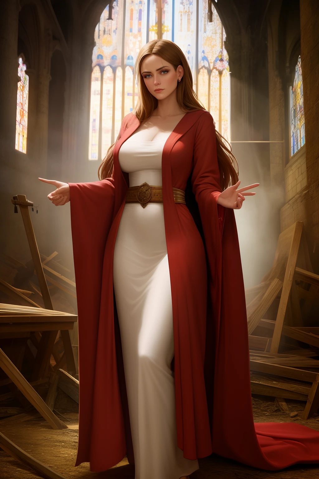 a woman in a robe standing in a abandoned church, detailed face, medieval, fantasy