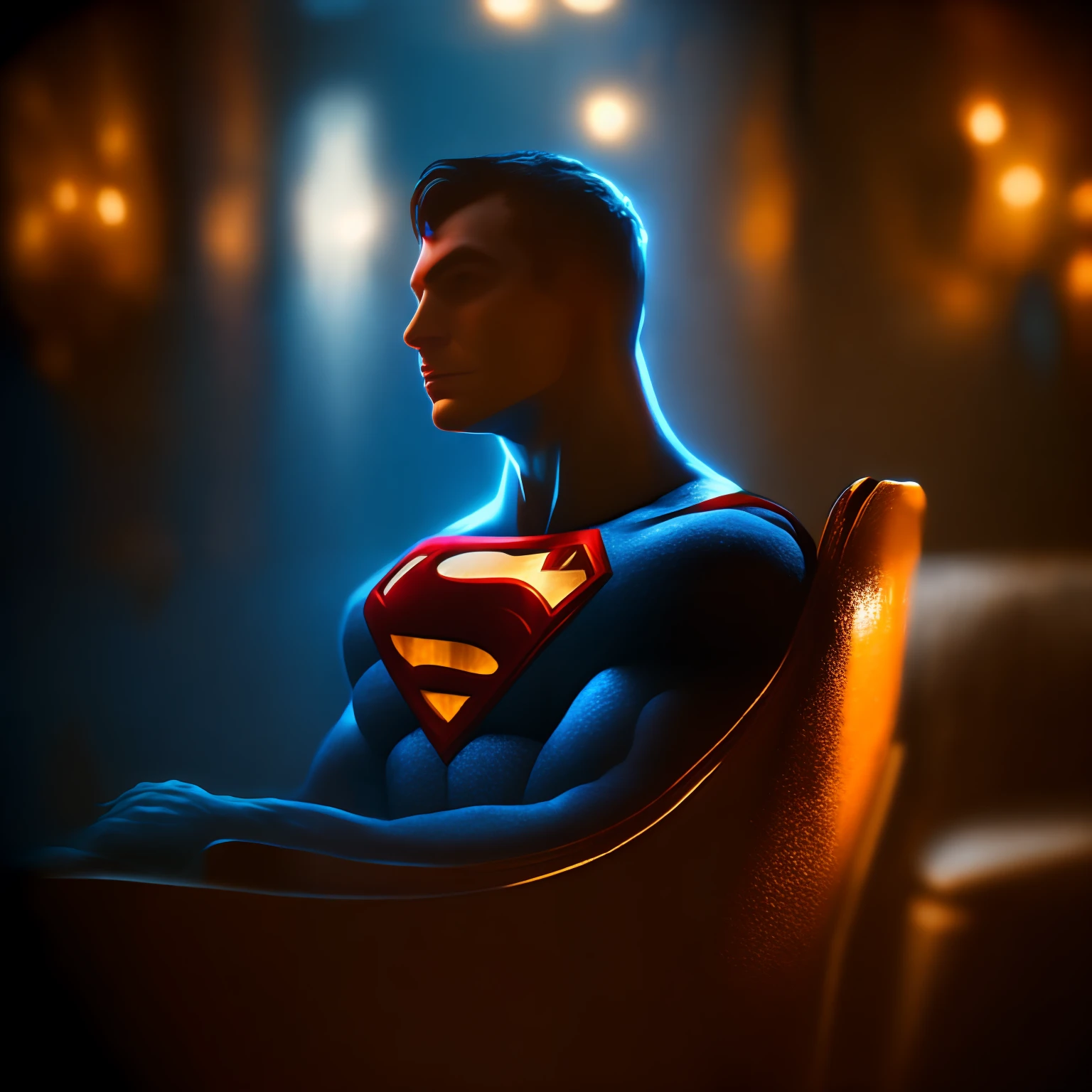 portrait of a superman sitting on a throne inside a bar with a window inside a throne room, edge light, well lit, bokeh